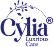 The logo for Cylia Luxrious Care, featuring the brand name in dark blue serif lettering with a decorative leafy branch arching over the wordmark, set against a transparent checkered background.
